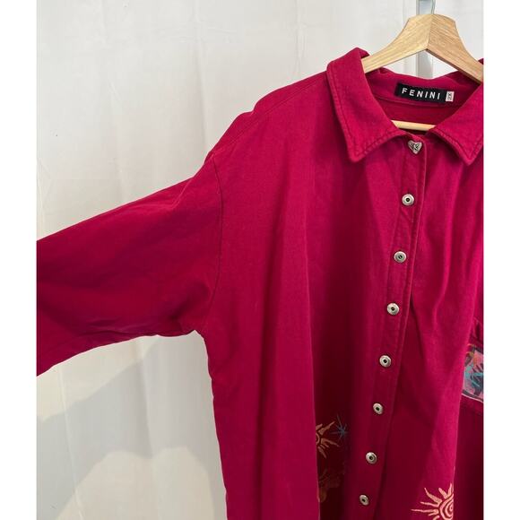 FENINI Two Piece Outfit Button Front Top Midi Skirt Cotton Red Pink Size 2X Plus - Picture 5 of 10